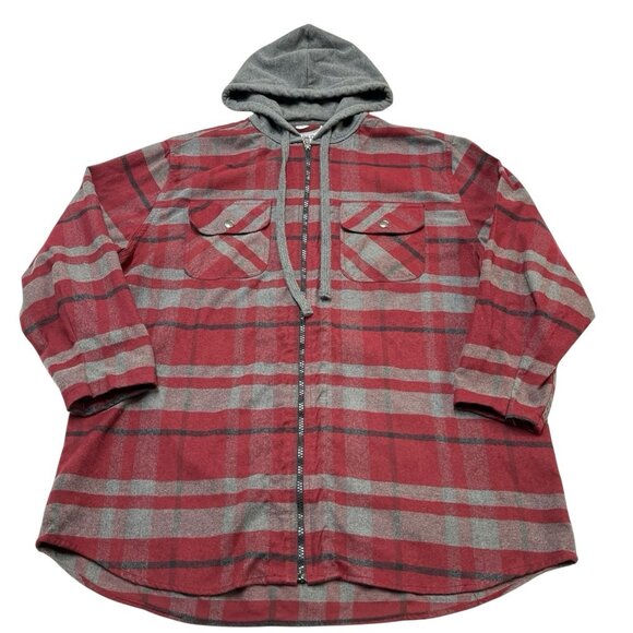 Jared Flannel Mens XL Red Plaid Fleece Lined Hood Zip Front Shirt Jacket Outdoor - Picture 1 of 8